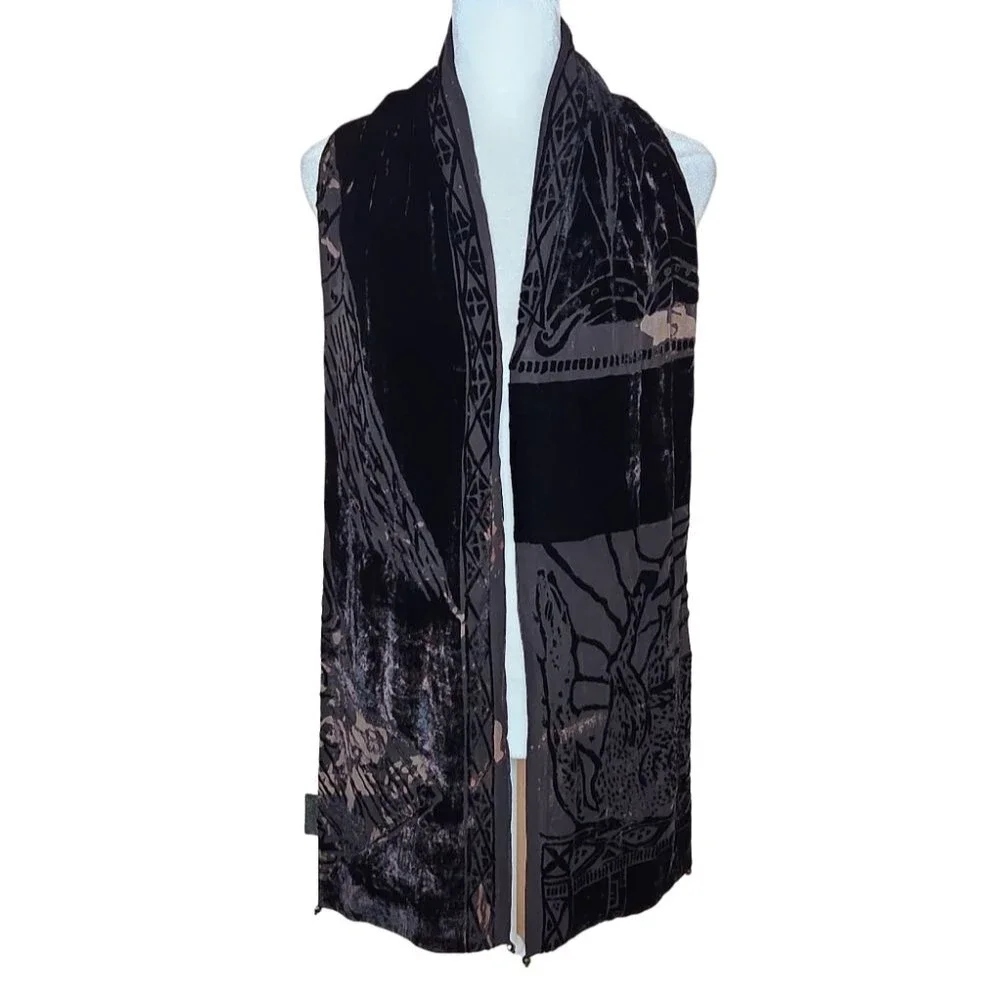 Vintage 90s Susan Unger Silk Velvet Burnout Scarf Chocolate Brown Quiet Luxury